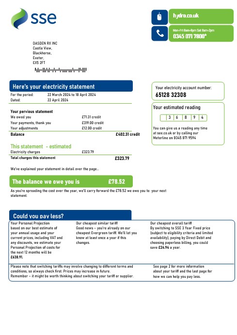 United Kingdom SSE Energy business utility bill template in Word and PDF formats, version 3